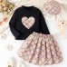 【3Y-7Y】3-piece Girl Fashion Retro Black Heart-shaped Embroidered Long-sleeved T-shirt And Bowknot Bear Print Pleated Skirt Set