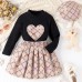 【3Y-7Y】3-piece Girl Fashion Retro Black Heart-shaped Embroidered Long-sleeved T-shirt And Bowknot Bear Print Pleated Skirt Set