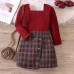 【18M-6Y】Girl Sweet Retro Burgundy Square Neck Long-sleeved T-shirt And Plaid Skirt Set