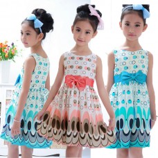 Girls Princess Chiffon Bow Belt Sleeveless Bubble Peacock Dress Party Clothes