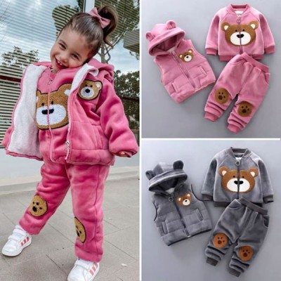 【12M-4Y】3-piece Kid Bear Embroidery Thickened Fleece Cardigan And Vest And Pants Set - 4412